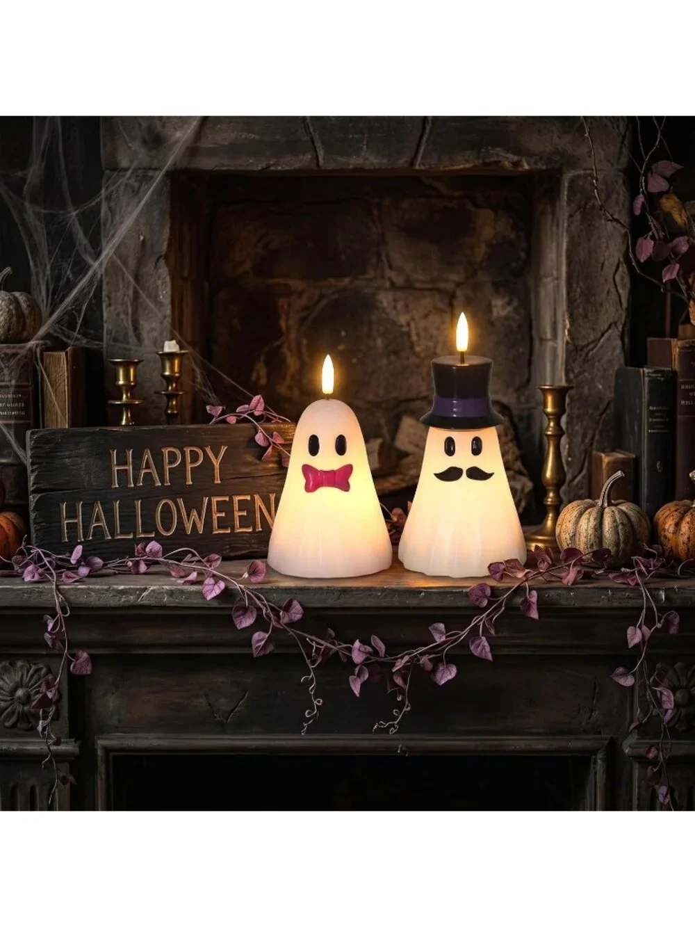 2PCS Halloween Hand Painted Ghost Flameless Candles 6H Timer Real Wax Indoor